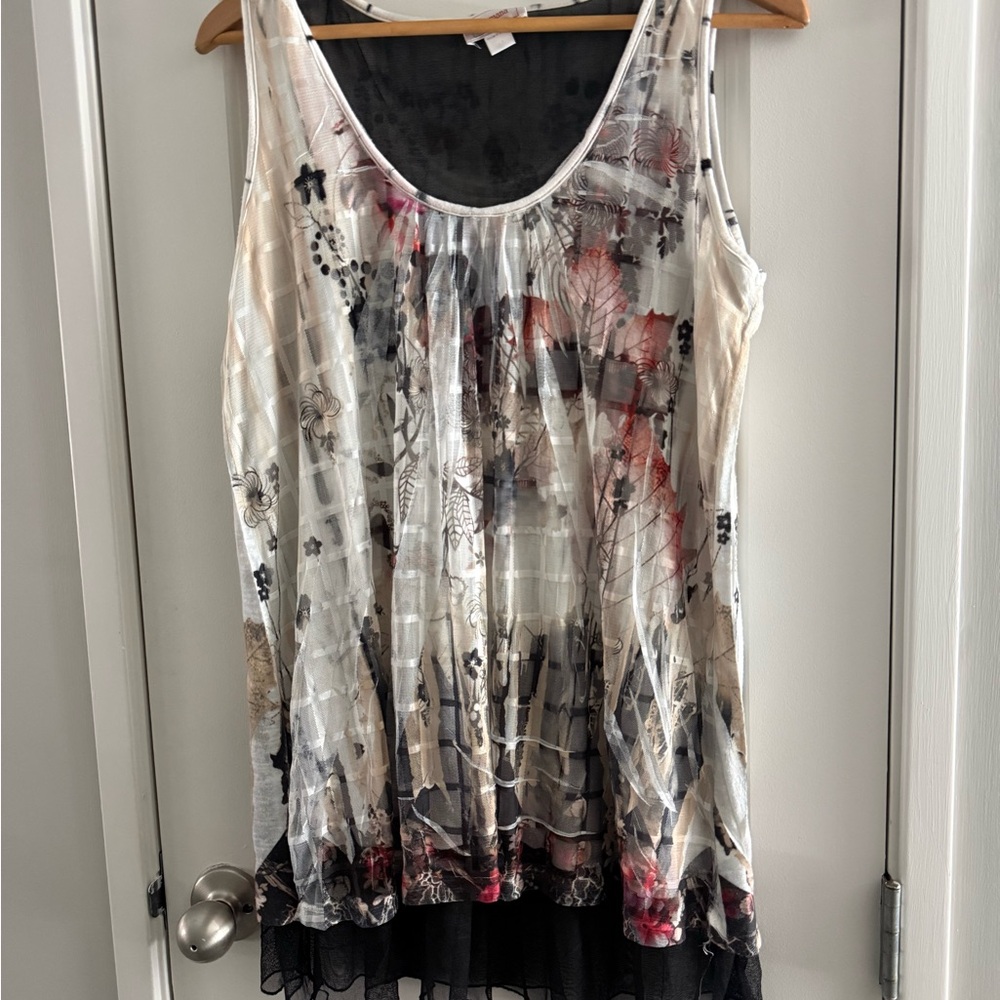 Sleeveless Floral Print Tunic Top in Cream and Black Lace Y2K Whimsigoth